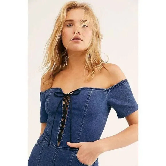 FREE PEOPLE 3 x 1 CAMILLE LACE UP DENIM JUMPSUIT